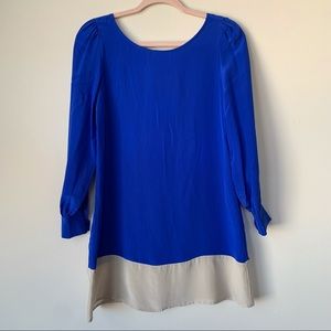 Reiley NWT 100% Silk Tunic Dress Long Sleeve Royal Blue Champagne Size XS